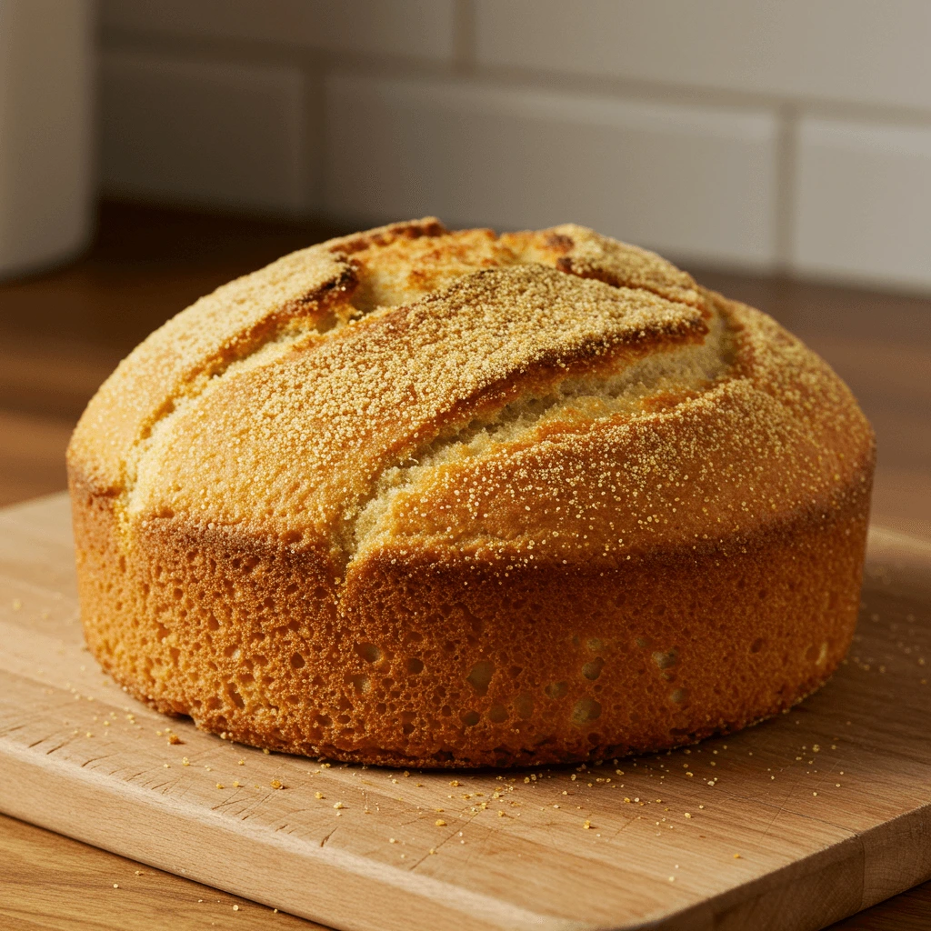 Freshly baked stottie cake with a golden crust on a rustic wooden table.