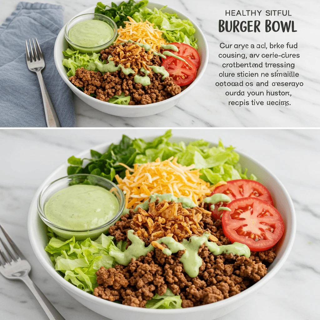 Healthy burger bowl featuring lean beef patty, veggies, and avocado.