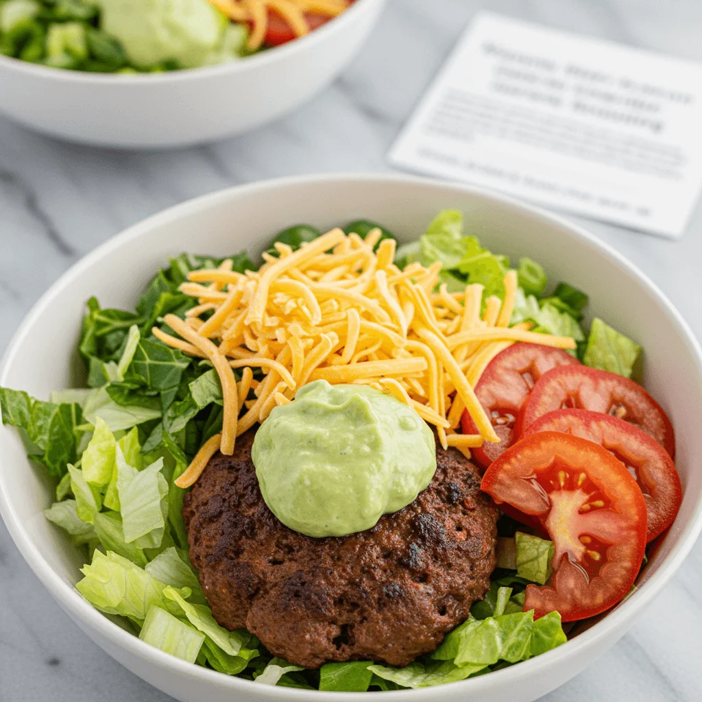 Colorful burger bowl filled with fresh lettuce, tomatoes, avocado, and a grilled beef patty.