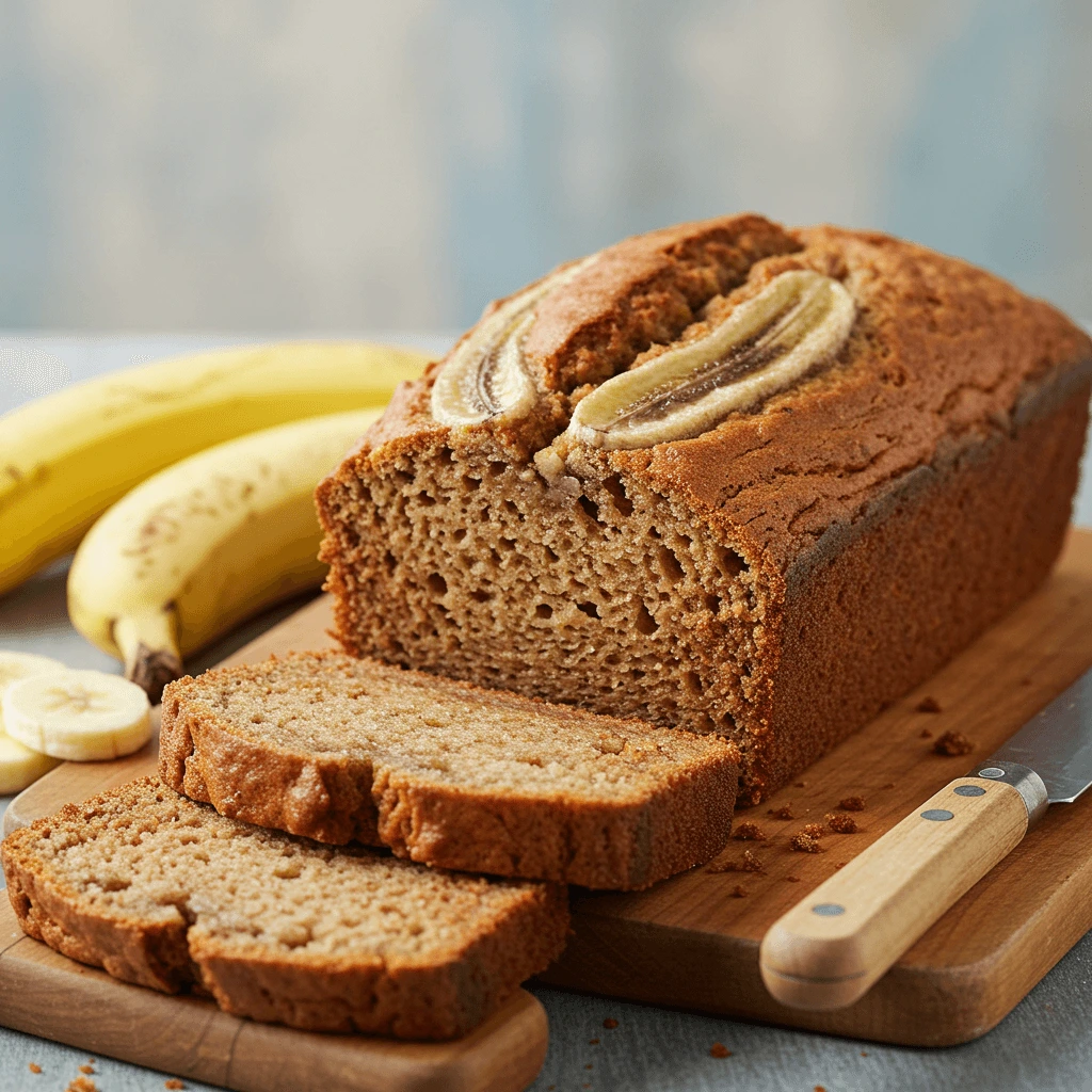 Finished banana bread loaf made from a simple banana bread mix, sliced and ready to serve.