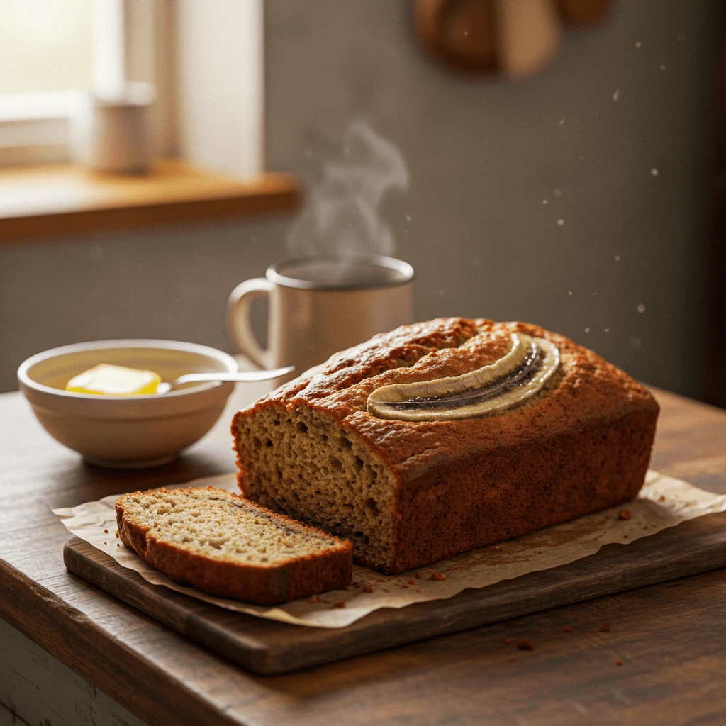 A bowl of banana bread mix with mashed bananas, sugar, and dry ingredients ready to be combined.