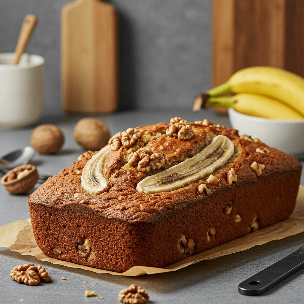 Banana bread mix ingredients with ripe bananas, flour, sugar, and eggs ready for baking.