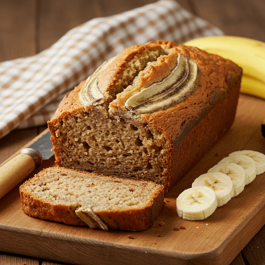 A loaf of cottage cheese banana bread cooling on a wire rack in the kitchen.