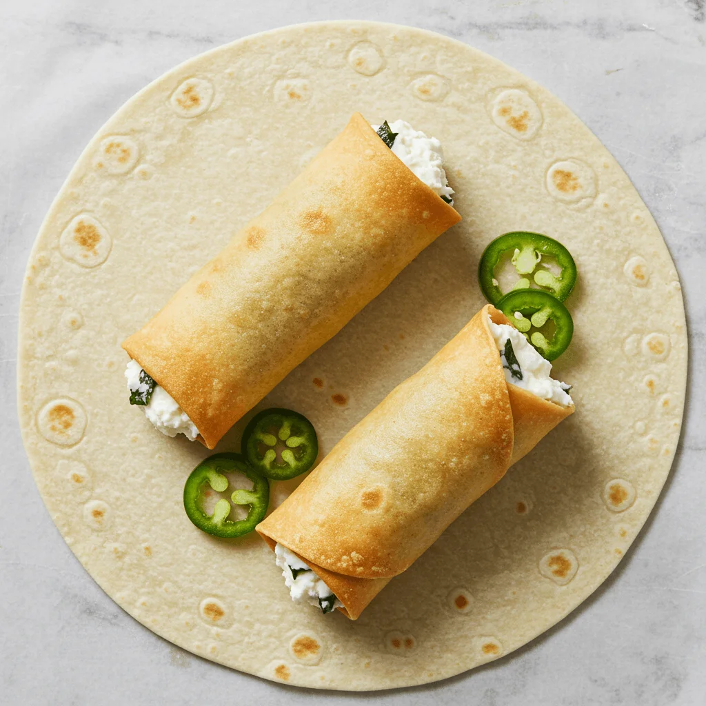 Savory egg rolls with goat cheese and jalapenos, crispy on the outside and creamy inside.