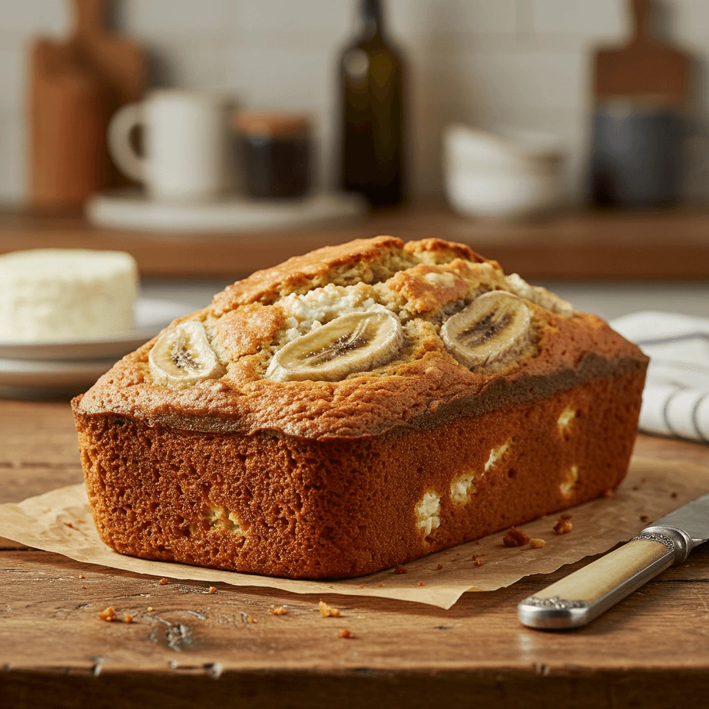 A freshly baked loaf of cottage cheese banana bread with a golden brown crust.