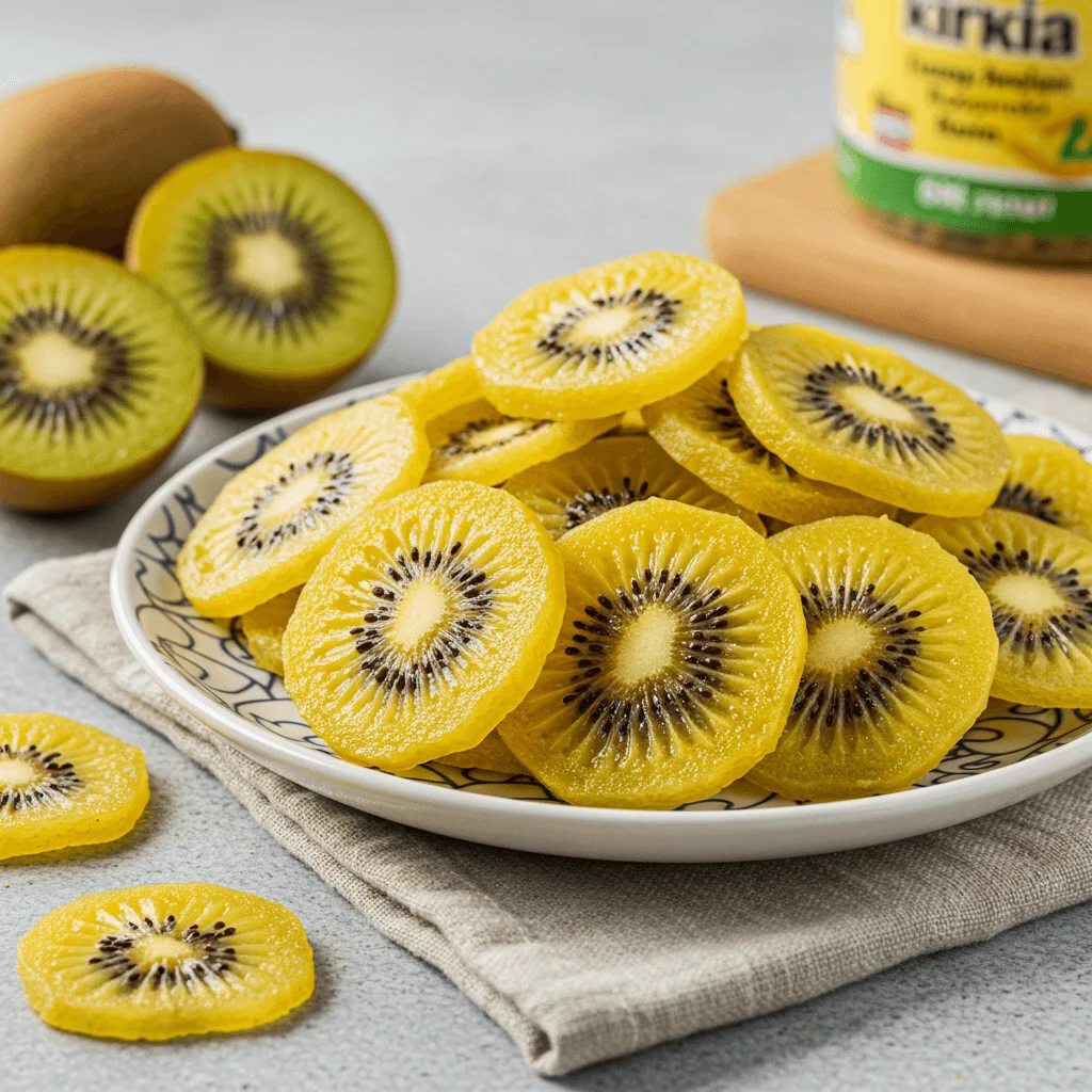 Close-up of crispy golden kiwi chips, highlighting their vibrant color and crunchy texture.