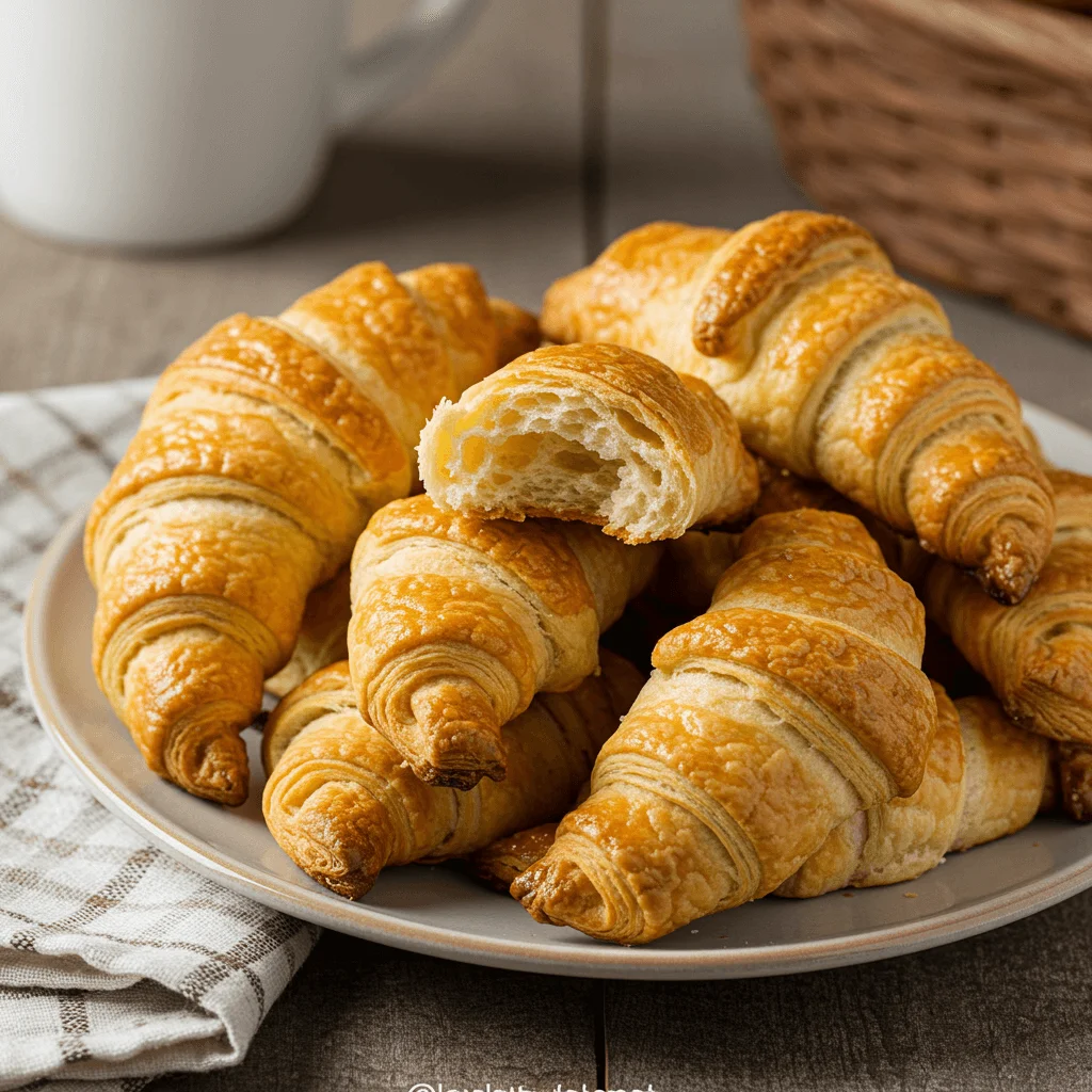 Homemade Swiss Gipfeli on a plate, dusted with powdered sugar and served with hot chocolate.