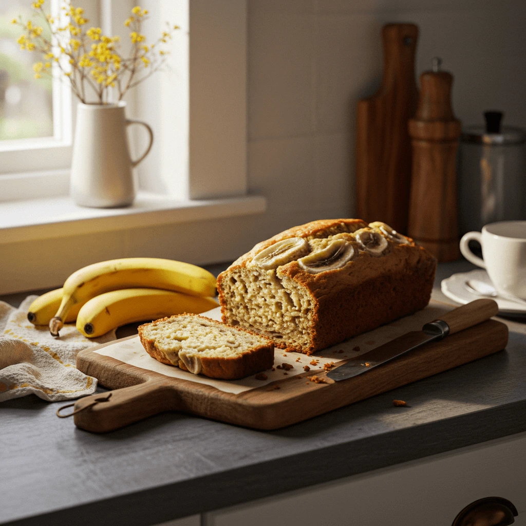 Sliced cottage cheese banana bread with a soft, moist texture on a wooden cutting board.