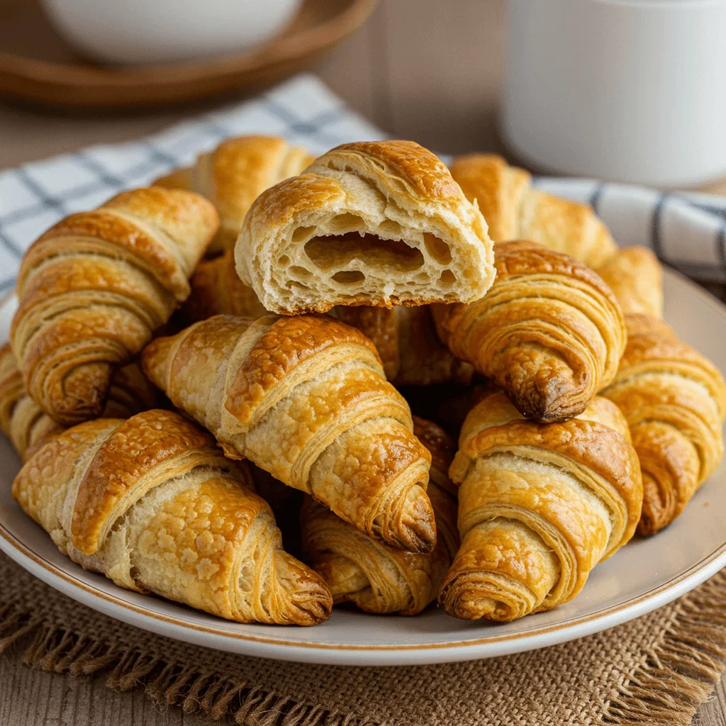 A close-up of flaky, golden Swiss Gipfeli, showing delicate layers and a crispy crust.