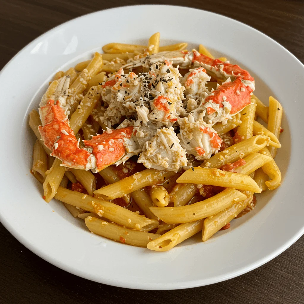 Close-up of crab meat being added to pasta in a creamy sauce.