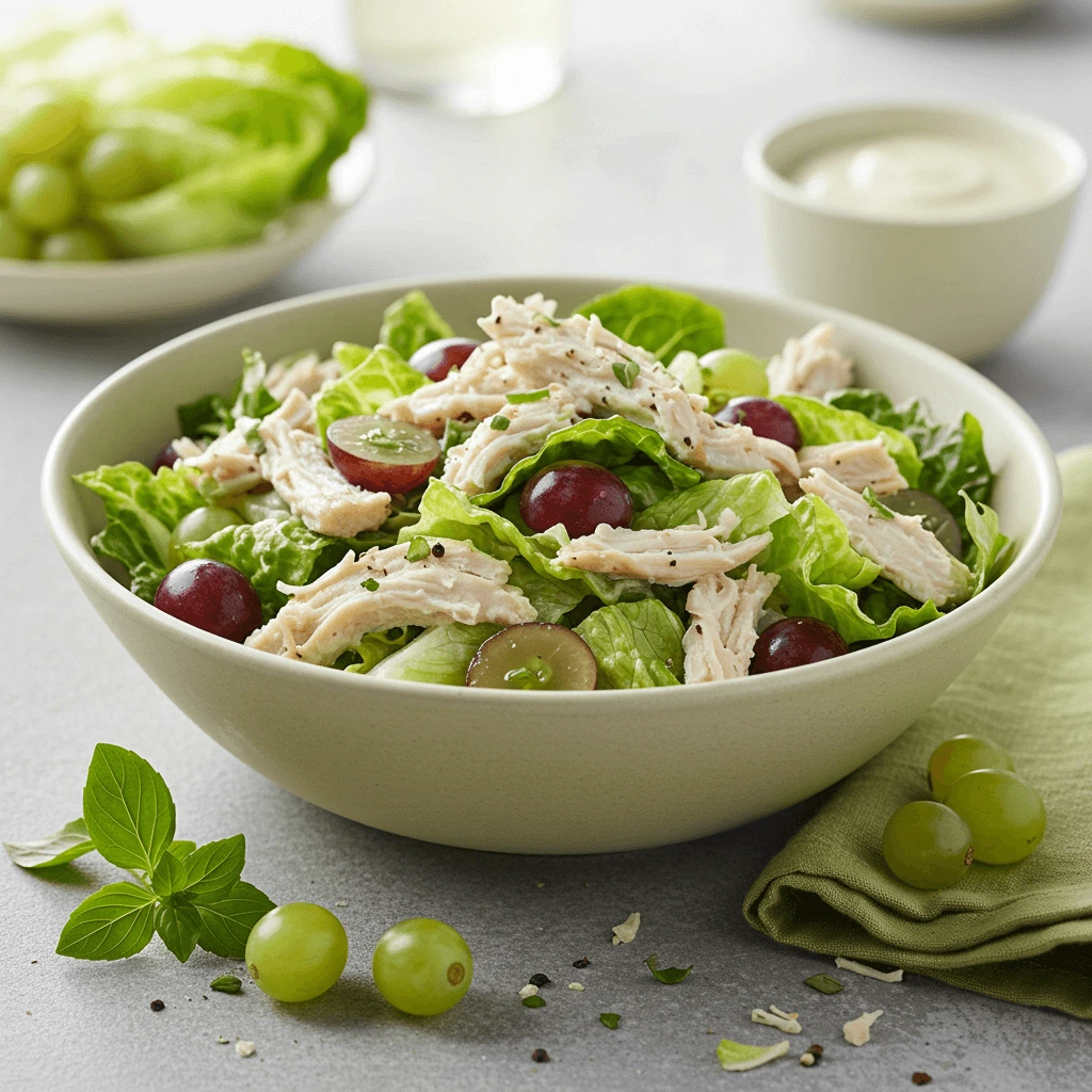 Healthy Panera chicken salad with chicken, apples, grapes, and creamy dressing