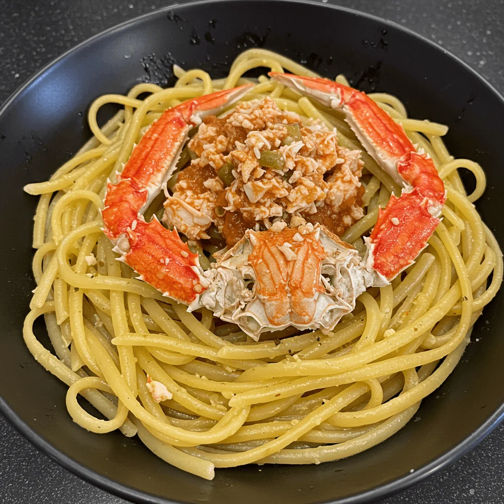 Fresh crab meat on a cutting board, ready to be used in a pasta recipe.