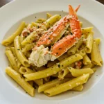 Cooked crab meat served in a bowl, ready to be mixed into a creamy pasta dish.