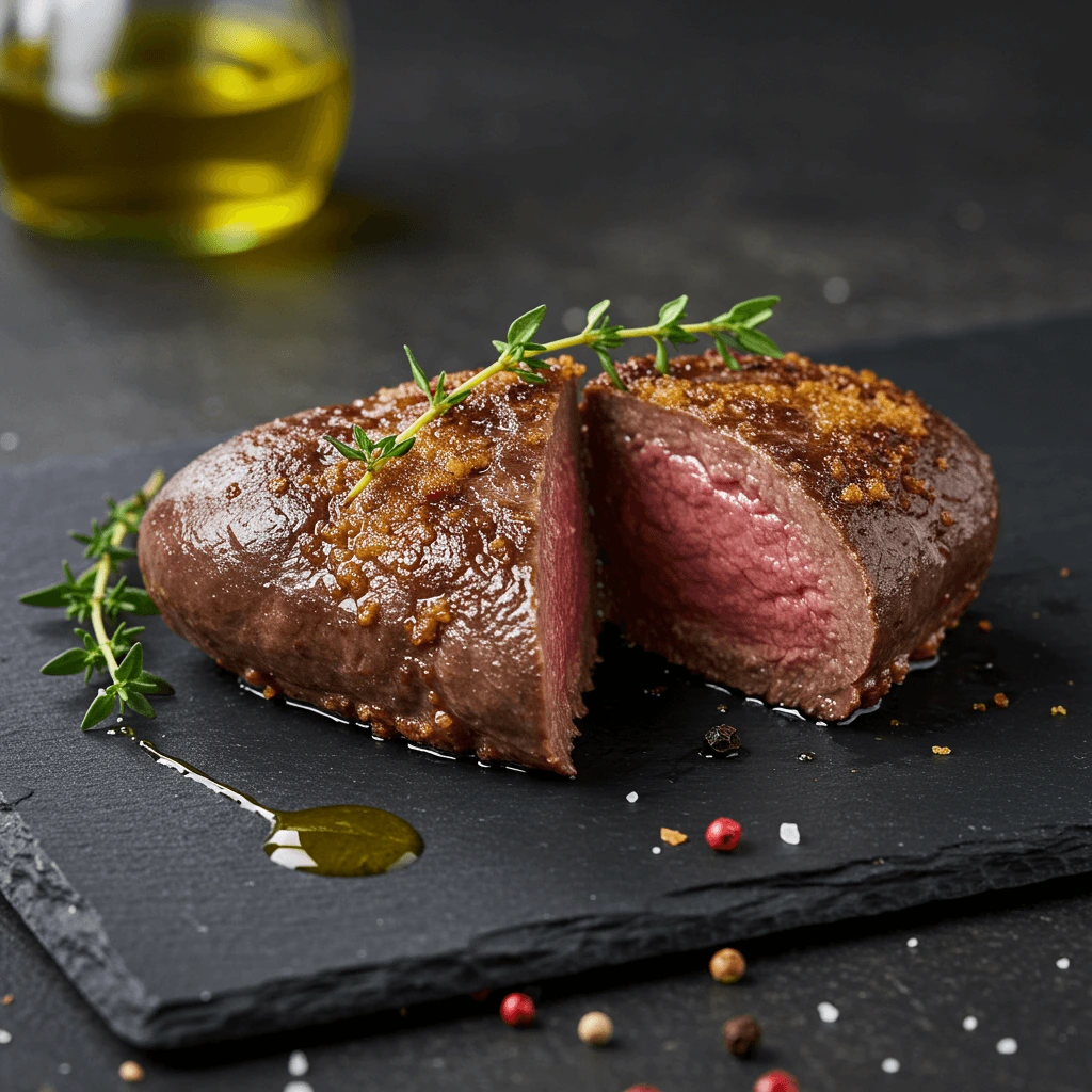 Raw beef heart on a wooden cutting board with fresh herbs and garlic.