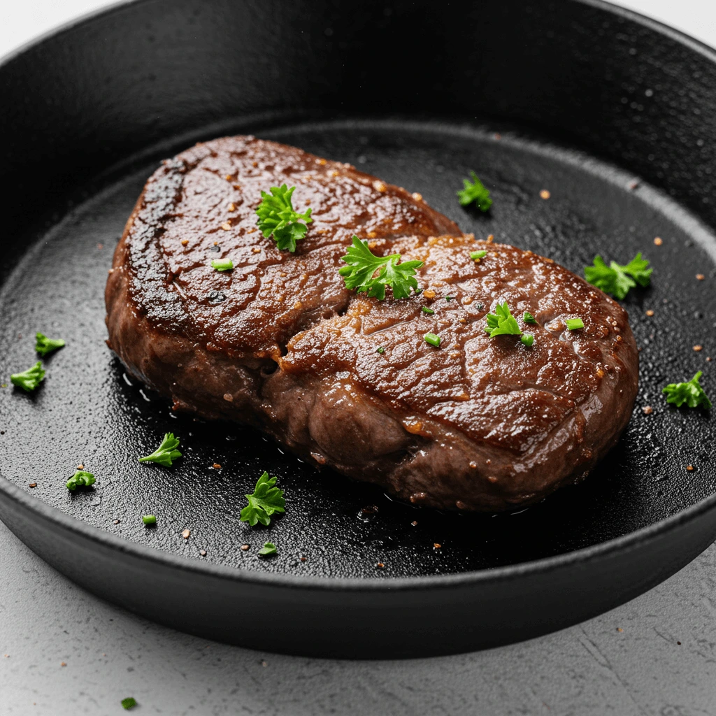 Sliced beef heart with seasoning on a marble countertop.