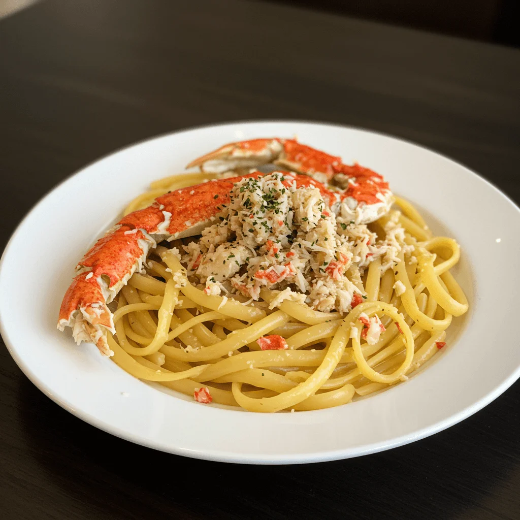 Fresh crab meat on a plate, ready to be added to pasta for a creamy seafood dish.