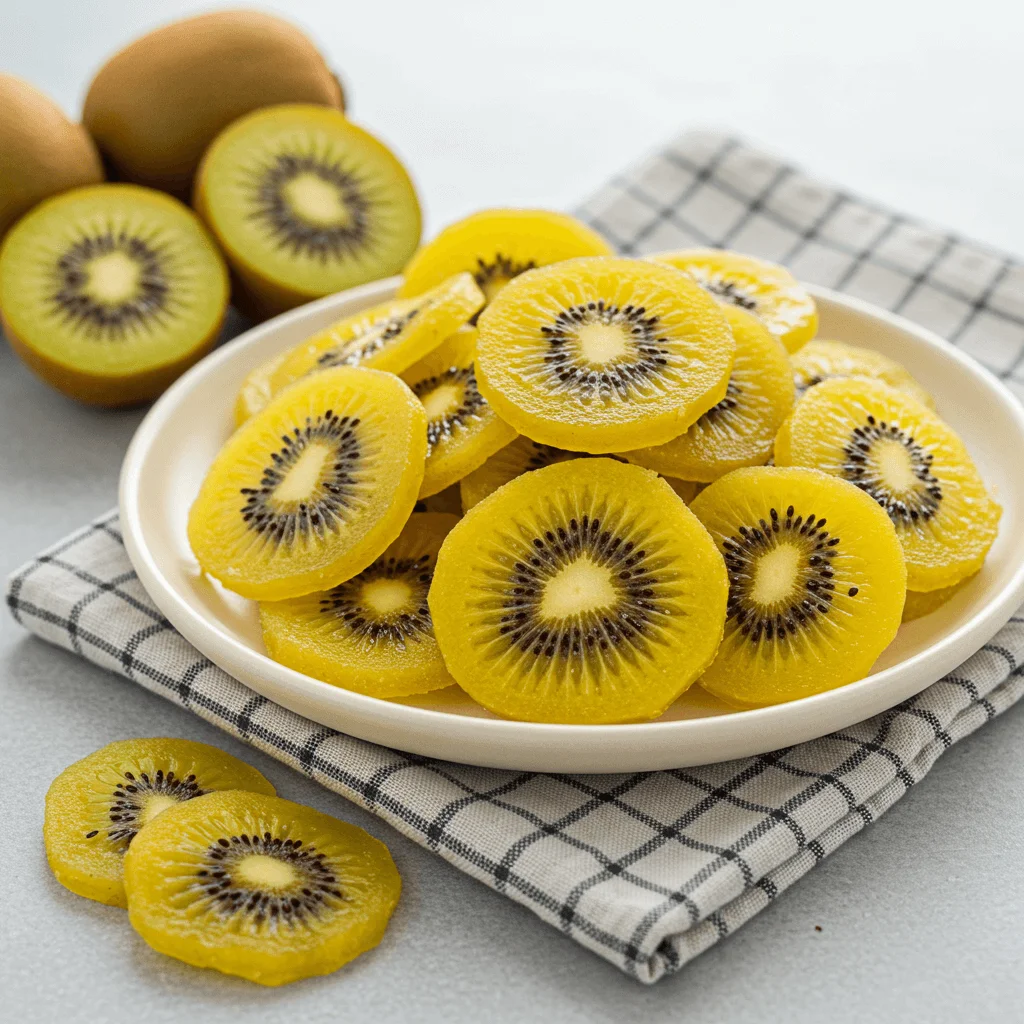 Homemade golden kiwi chips displayed on a rustic wooden table, with a golden, crispy texture.