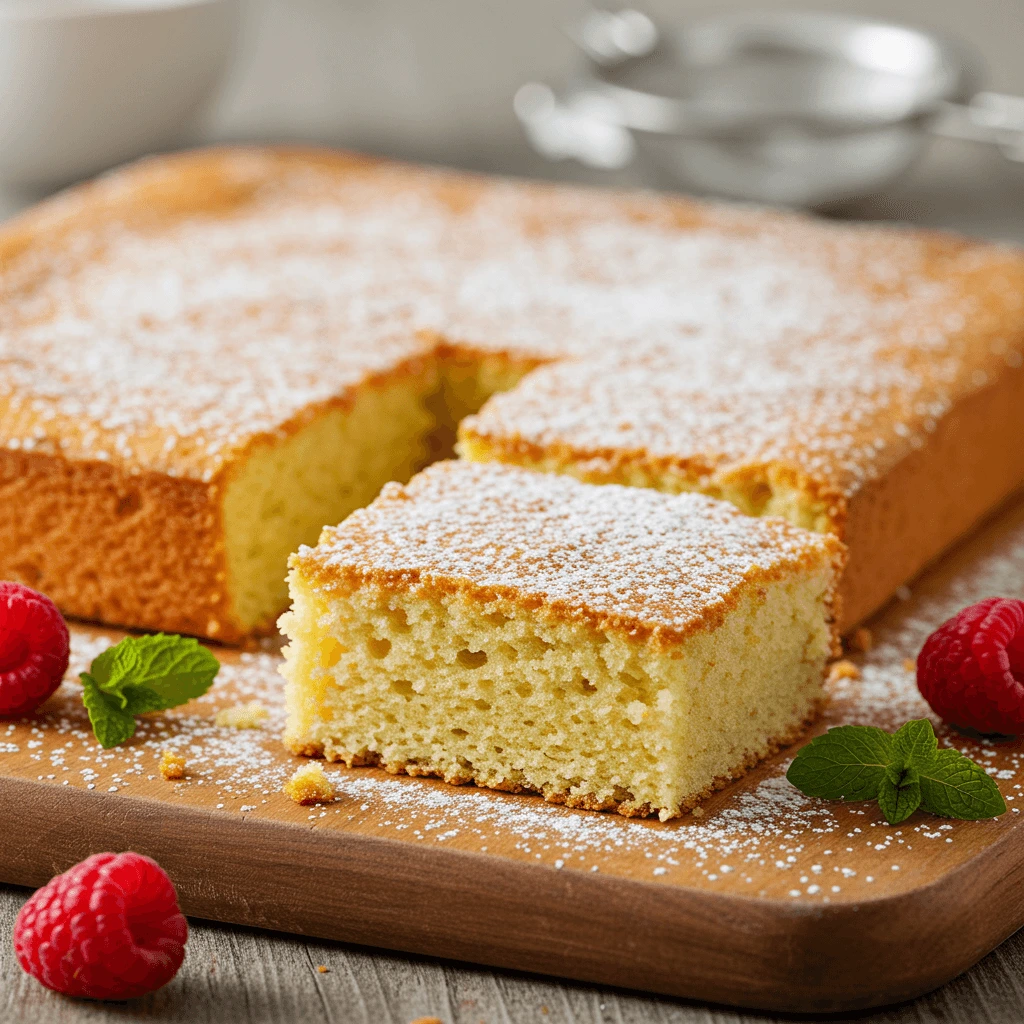 A close-up of a slice of kefir sheet cake showing its moist and fluffy texture on a dessert plate.