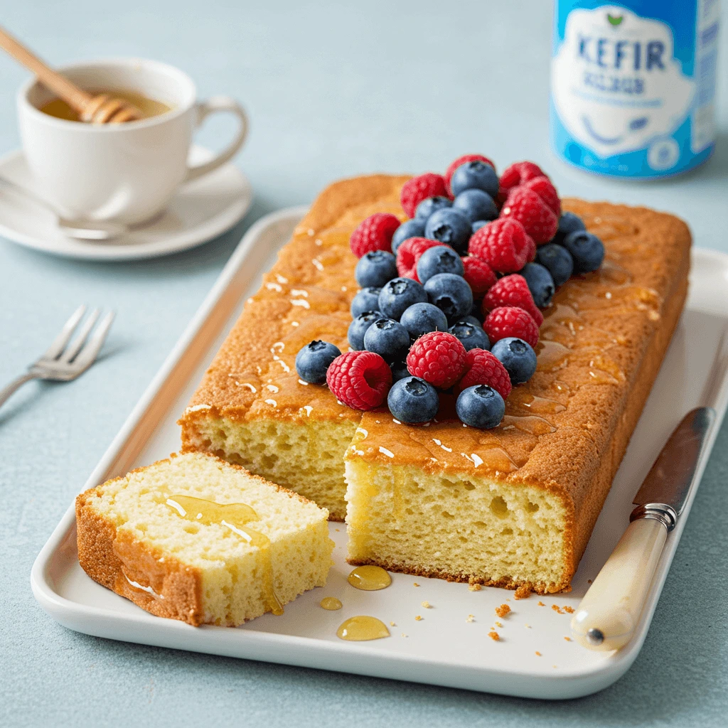 Kefir sheet cake slices topped with cream cheese frosting and garnished with fresh berries.