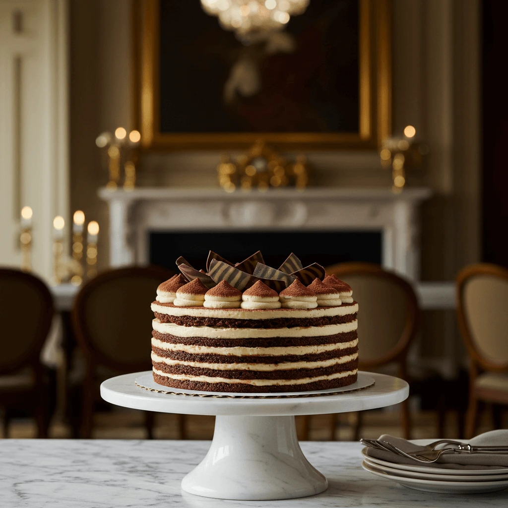 Cipriani cake served with fresh berries and a dollop of whipped cream on a rustic plate.