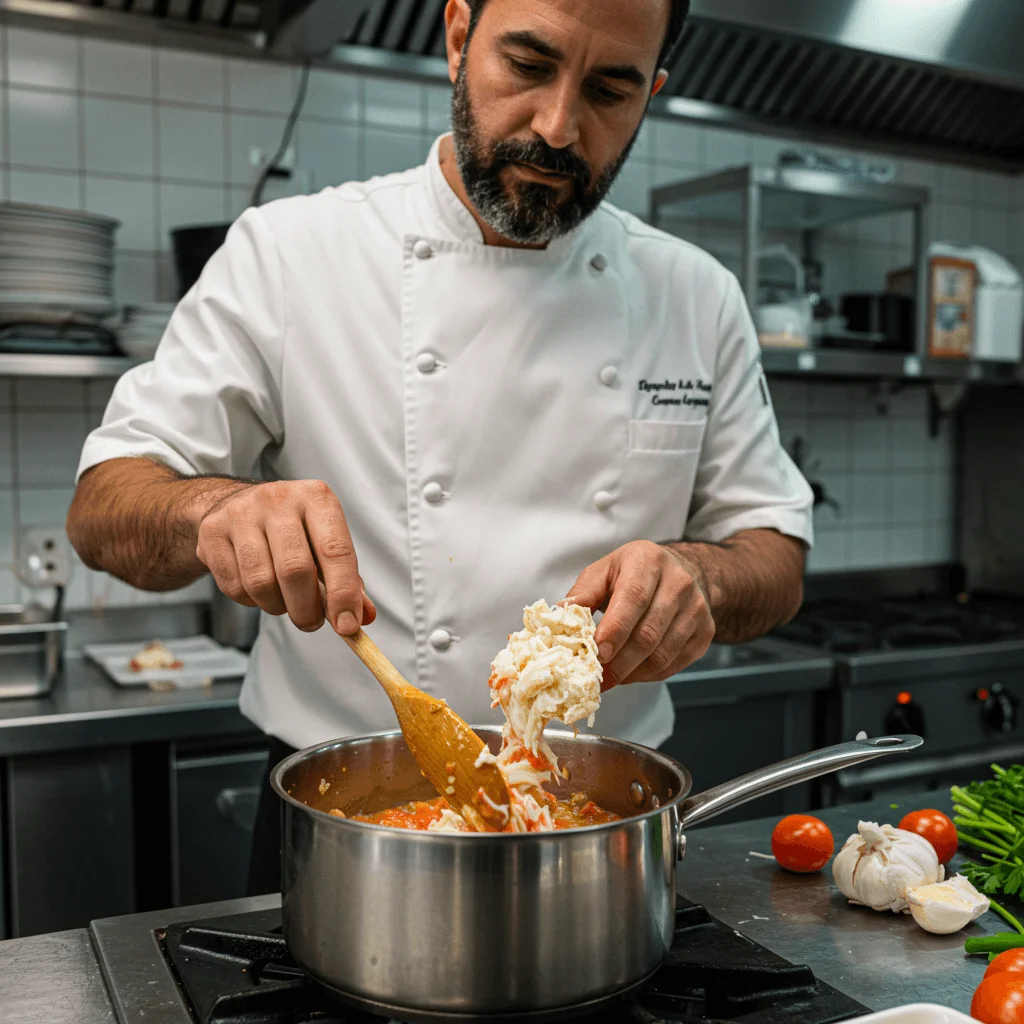 A spoonful of lump crab meat being added to a creamy seafood pasta dish.