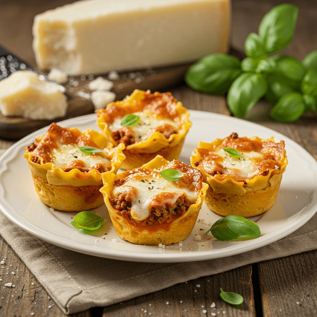 Mini lasagna noodles layered with cheese, sauce, and fresh herbs in a baking dish.