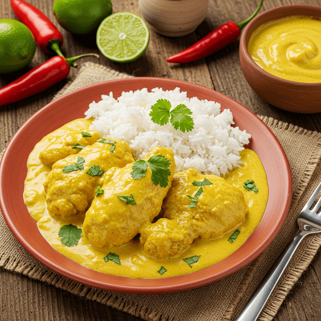 Bowl of Churu Chicken Amarillo pieces in a rich, spicy marinade, garnished with lime slices and a sprinkle of fresh cilantro.