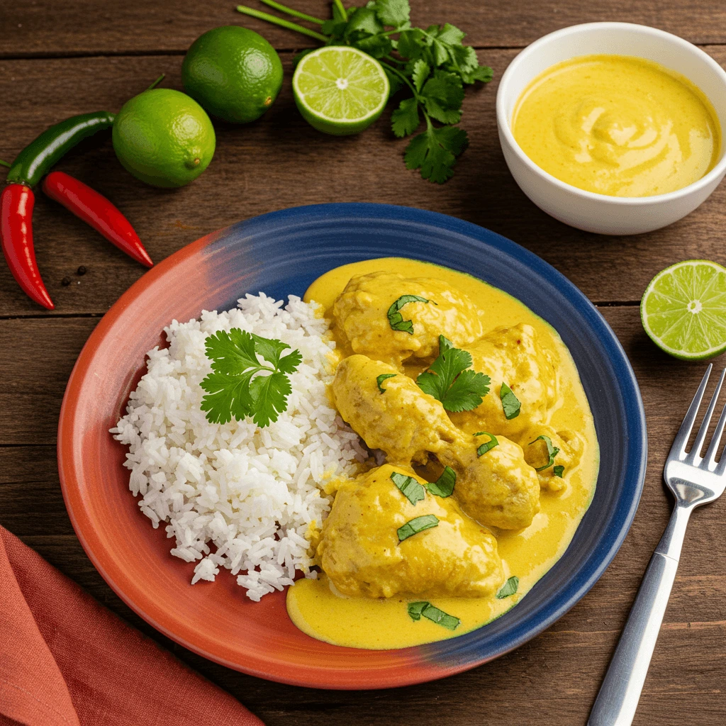 Grilled Churu Chicken Amarillo topped with fresh herbs, served alongside cilantro-lime rice and roasted vegetables.