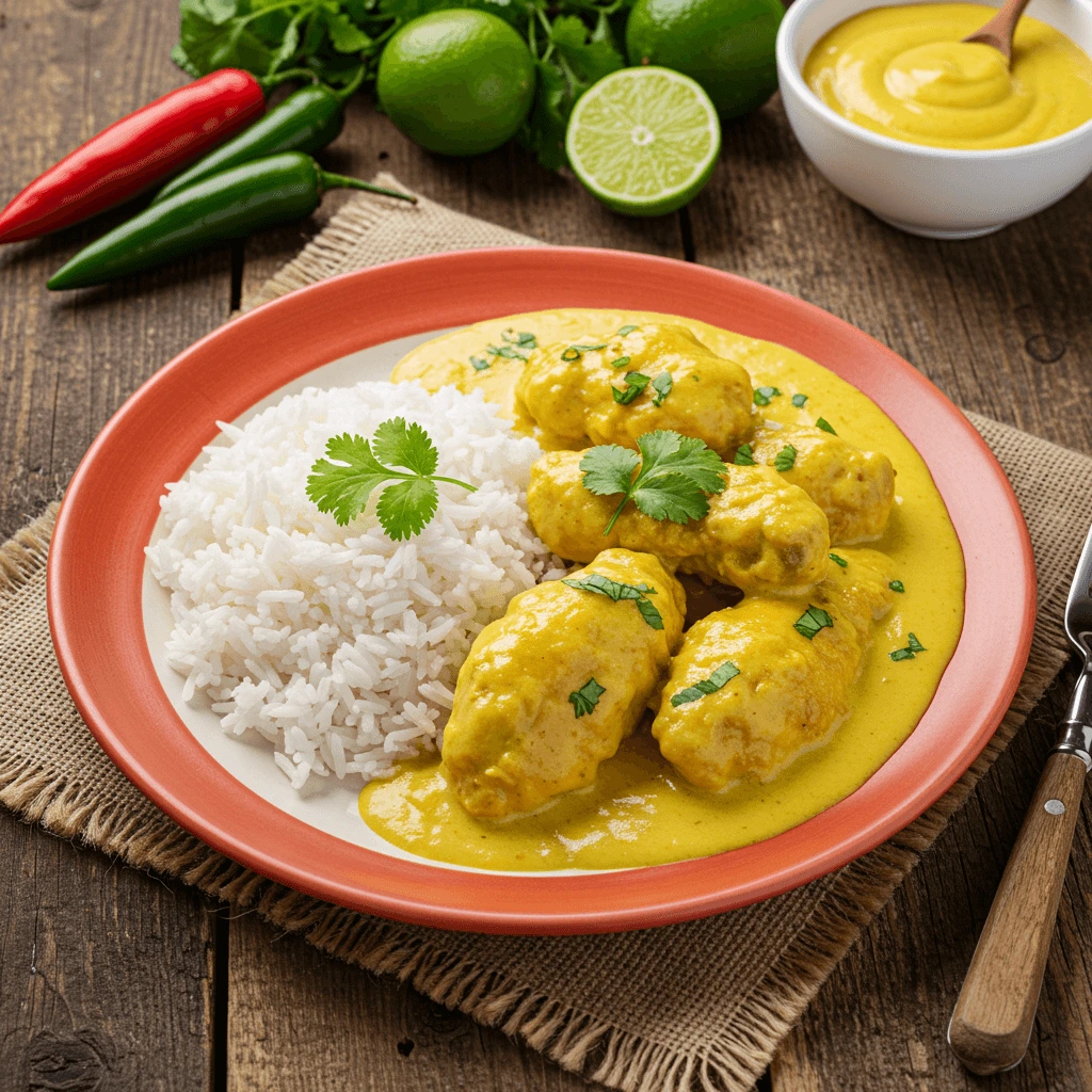 A plate of Churu Chicken Amarillo garnished with fresh cilantro and lime wedges, served with rice and a side salad.