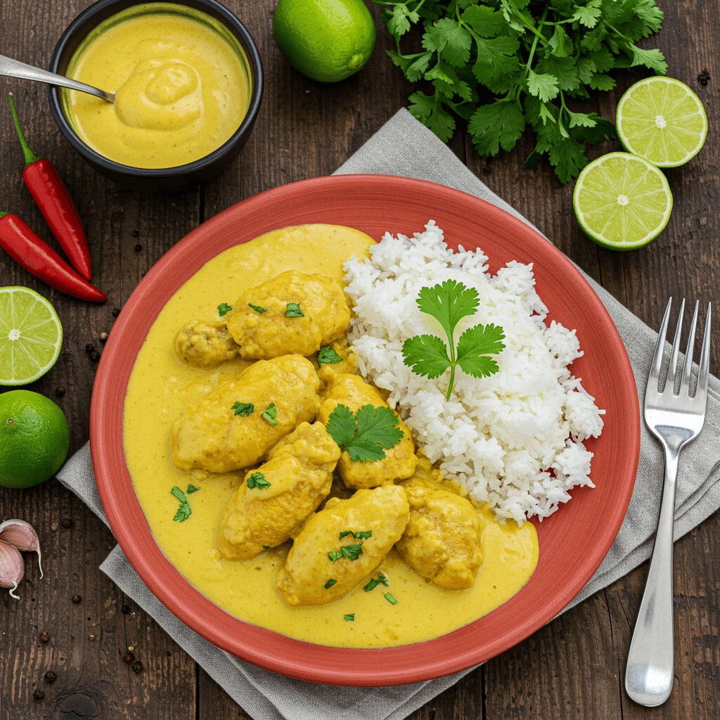 Close-up of Churu Chicken Amarillo on a white plate, drizzled with marinade and served with naan bread and yogurt dip.