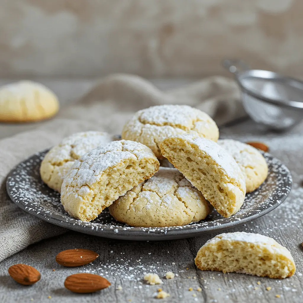 Ricciarelli honey cookies shaped into ovals and ready for baking on a parchment-lined tray.