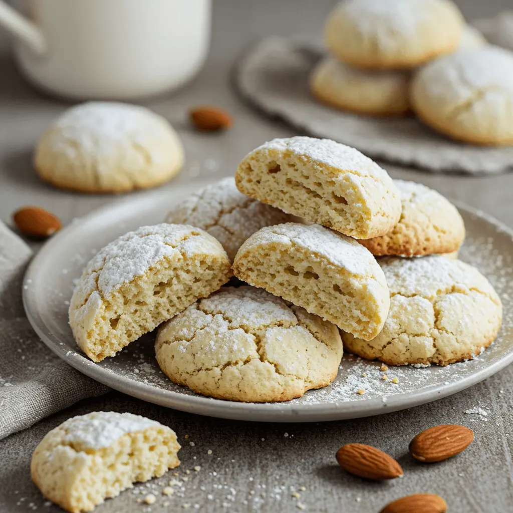 A close-up of Ricciarelli honey cookies with cracked tops and a dusting of powdered sugar.