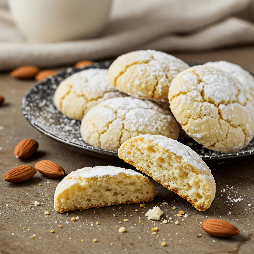 Delicious Ricciarelli cookies made with honey, almond flour, and citrus zest, dusted with powdered sugar.