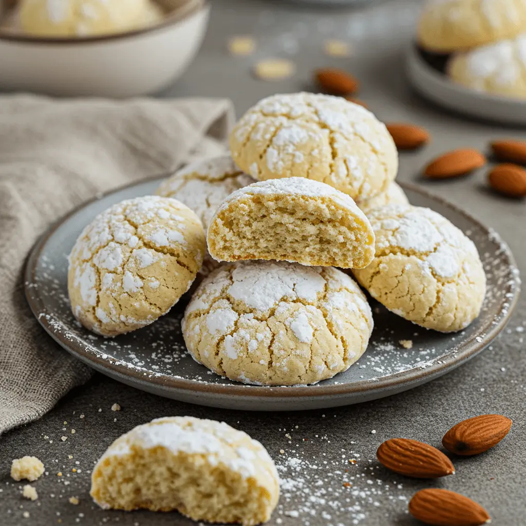 Freshly baked Ricciarelli cookies with honey, topped with a dusting of powdered sugar, ready to serve.