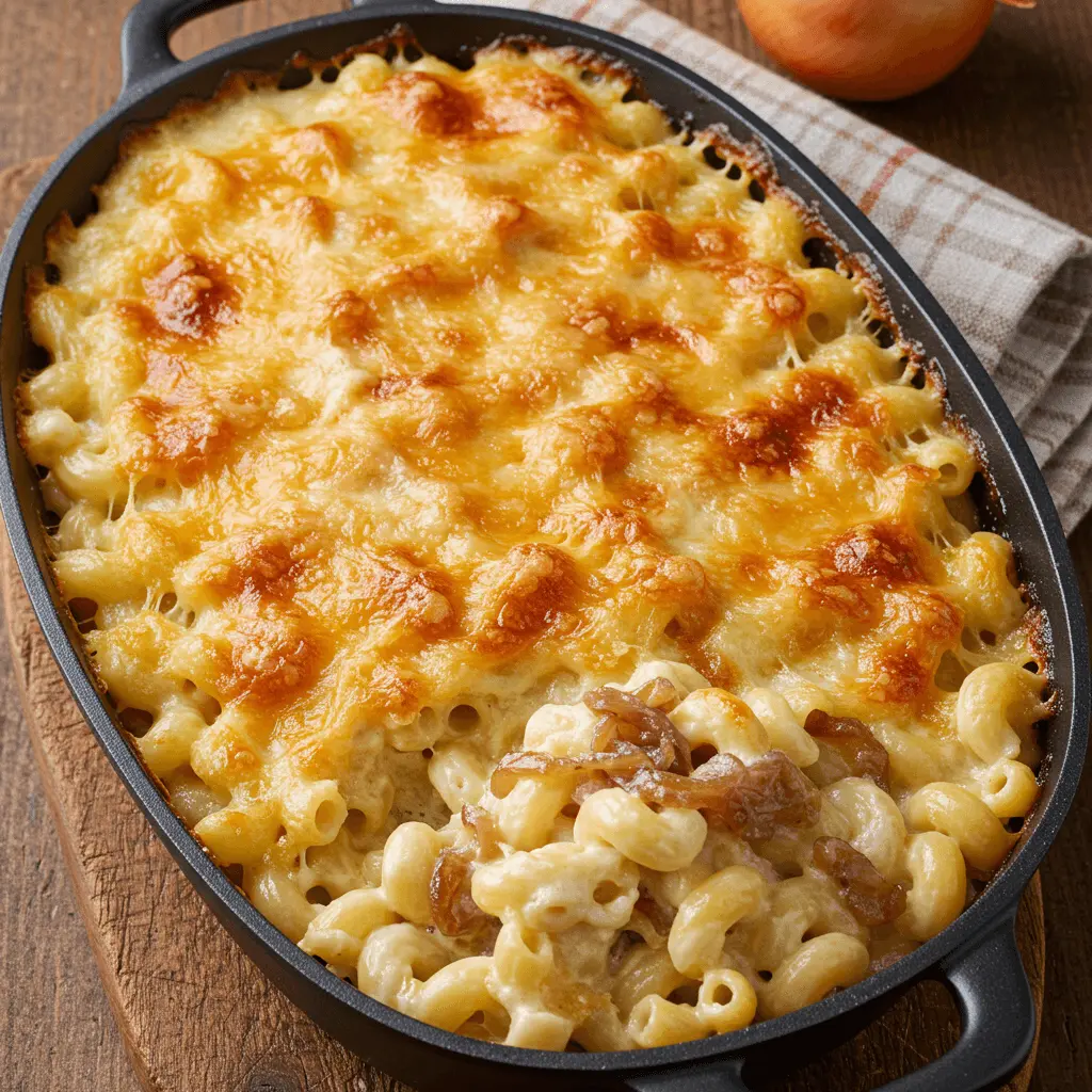 Union Mac baked pasta served in a casserole dish.