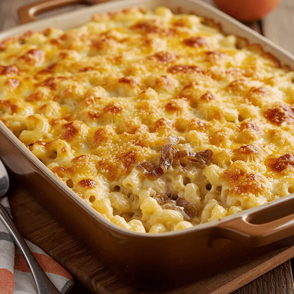 Close-up of creamy Union Mac with melted cheese and pasta.