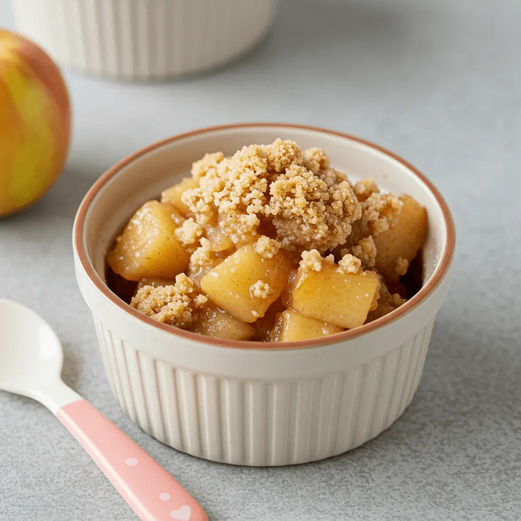 Simple apple crumble for babies with apples, oats, and a crumble topping that’s easy for little hands to grasp.