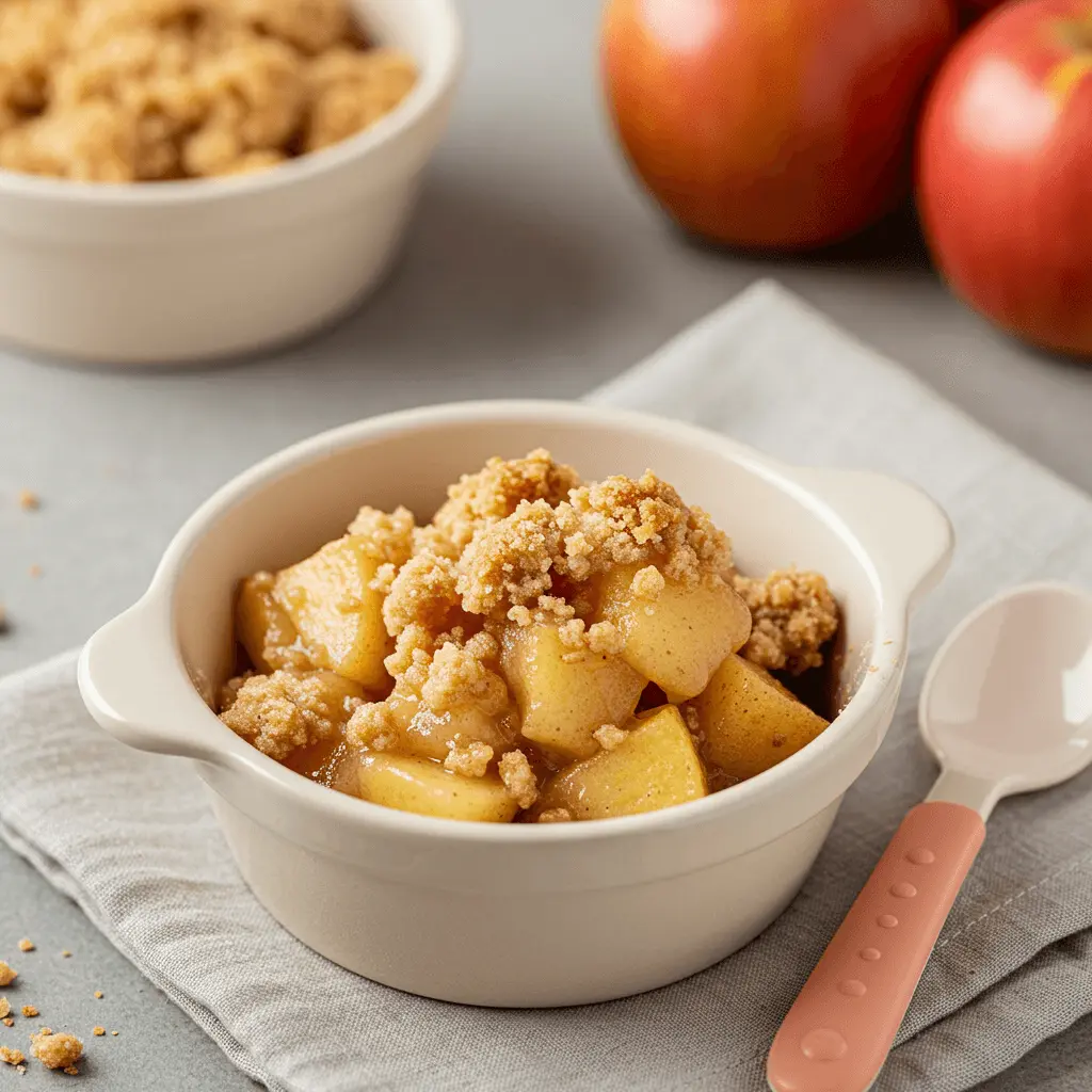 Baby-approved apple crumble made with natural ingredients, perfect for introducing solid foods to infants.