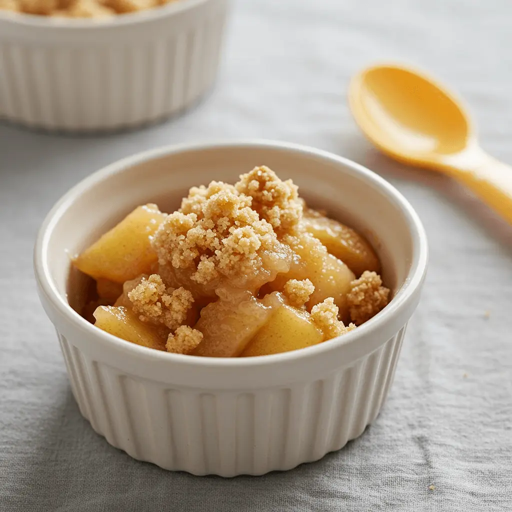 Healthy and easy apple crumble recipe for babies with simple ingredients like oats, apples, and coconut oil.