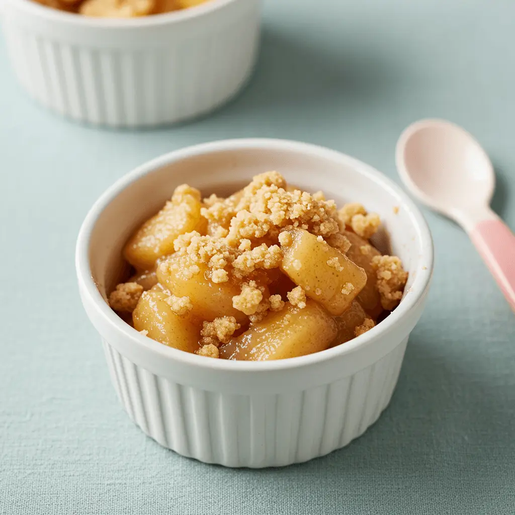 Healthy apple crumble recipe for babies with soft, bite-sized apples and a baby-friendly crumble topping.