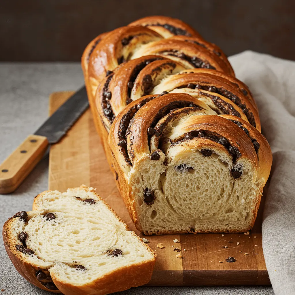 Freshly sliced chocolate chip bread with a soft crumb and chocolate chunks