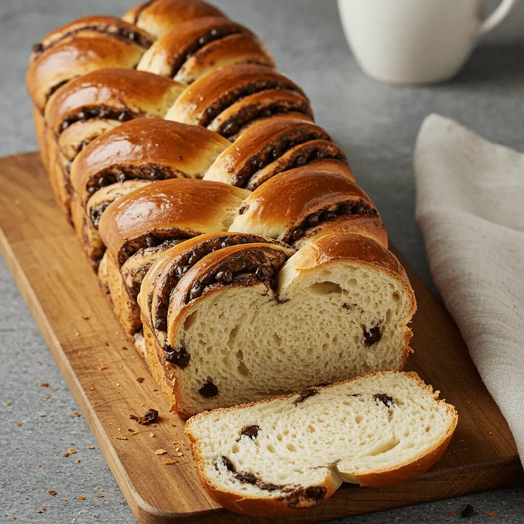 Loaf of freshly baked chocolate chip bread with a golden-brown crust and visible chocolate chips.