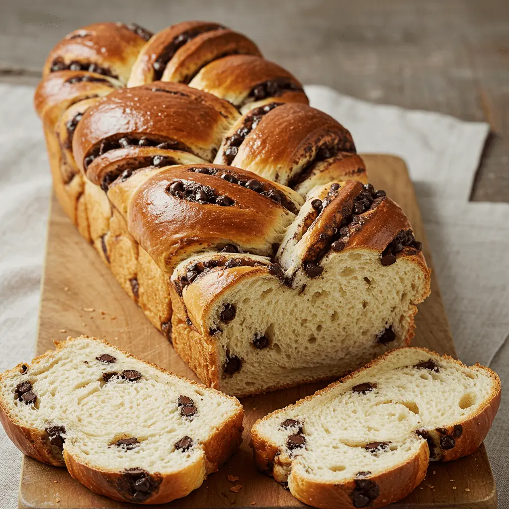 Golden-brown chocolate chip bread with chocolate chips scattered on top