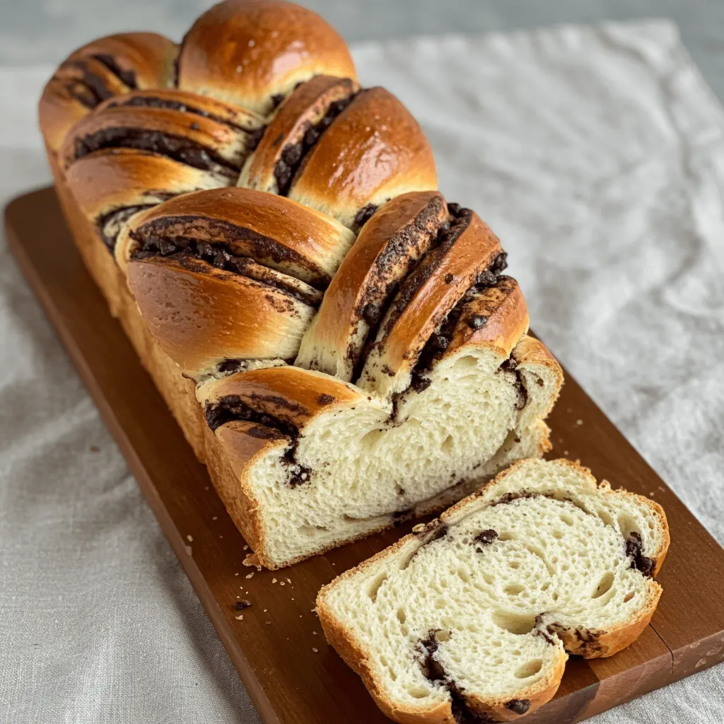 Loaf of chocolate chip bread with a soft interior and melted chocolate