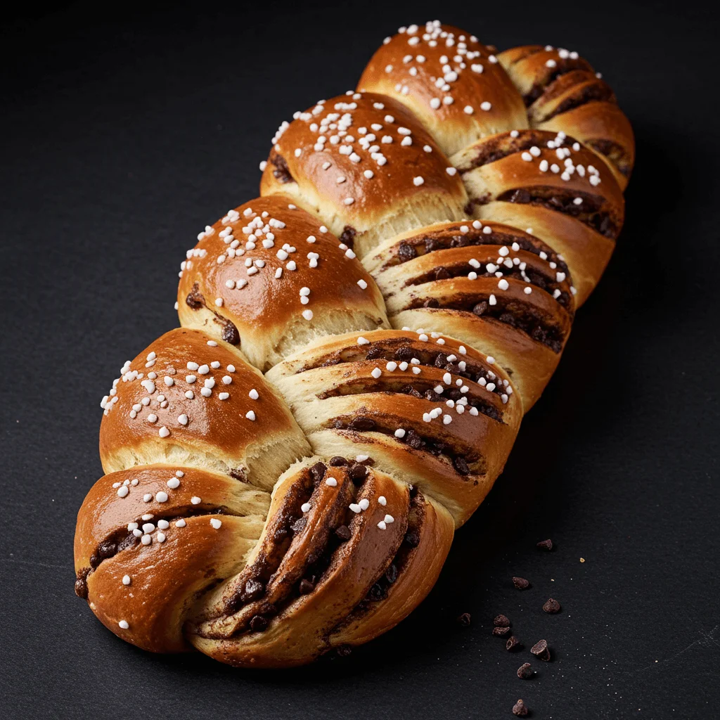 Close-up of a freshly baked braided chocolate chip brioche with a light dusting of powdered sugar.