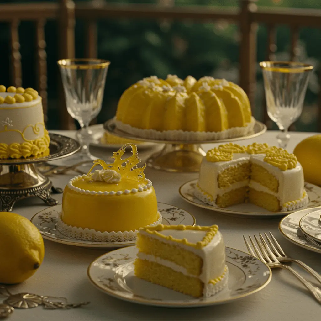 Gatsby-inspired lemon cake with a glossy lemon glaze and elegant lemon slices, perfect for a 1920s-themed party.