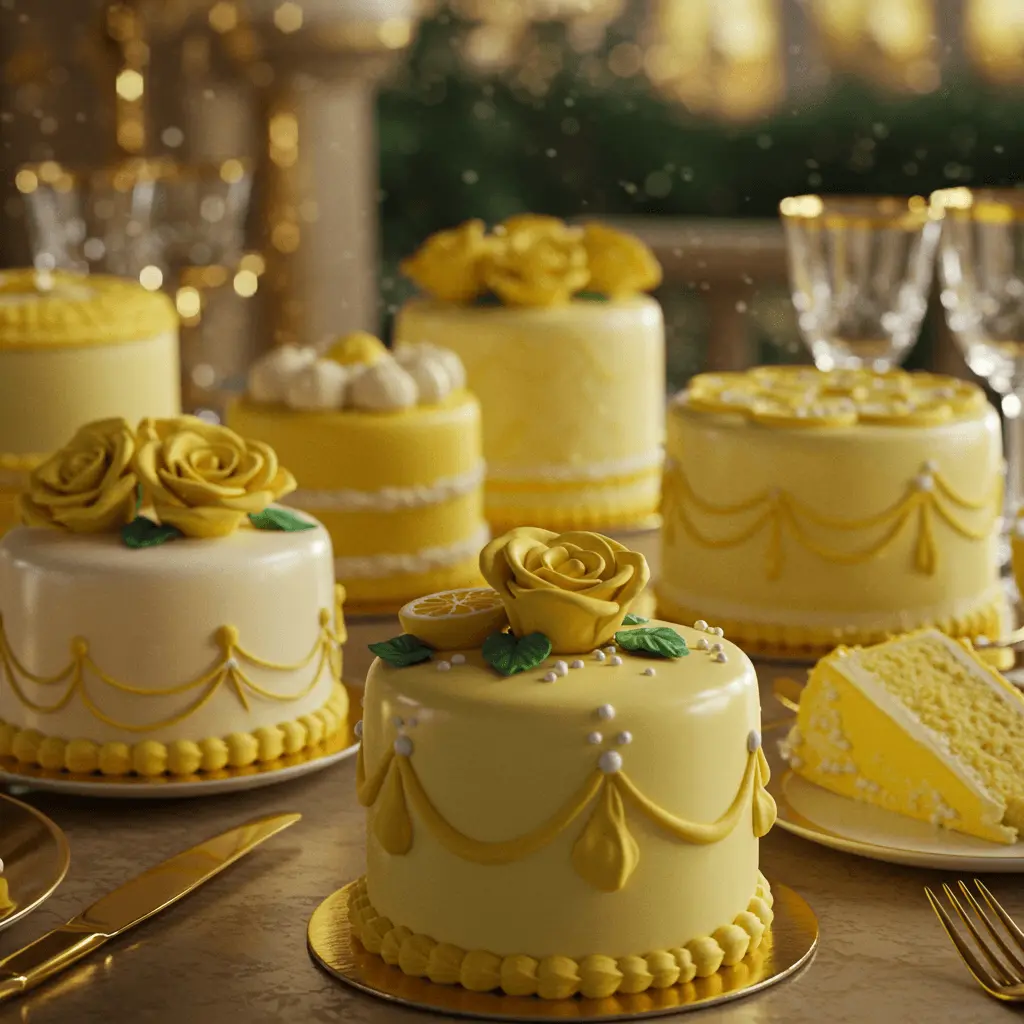 Stunning Gatsby-style lemon cake with fresh lemon slices and a golden shimmer, perfect for a 1920s-themed celebration.