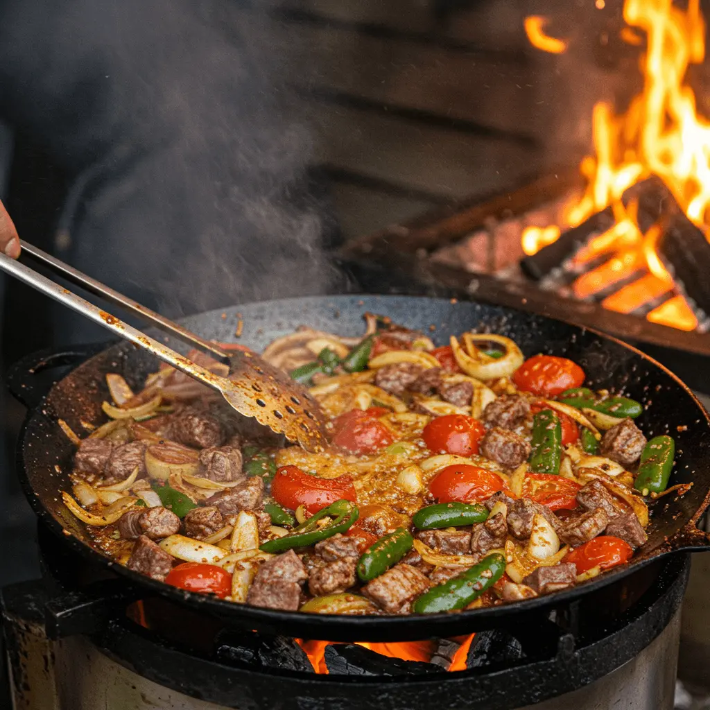 Preparing discada in a large pan with a mix of beef, pork, and colorful vegetables.