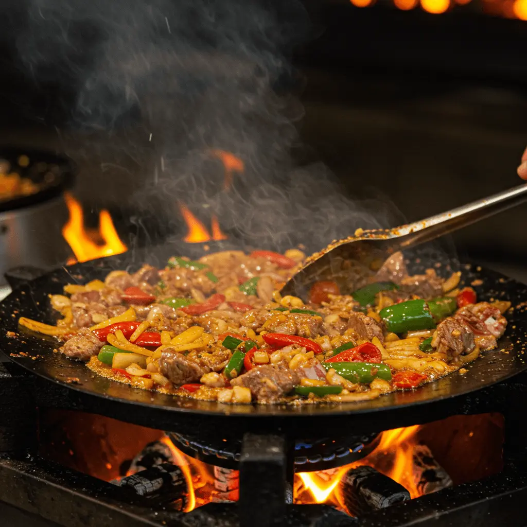 Close-up of a sizzling discada recipe with meats, peppers, onions, and spices in a large skillet.