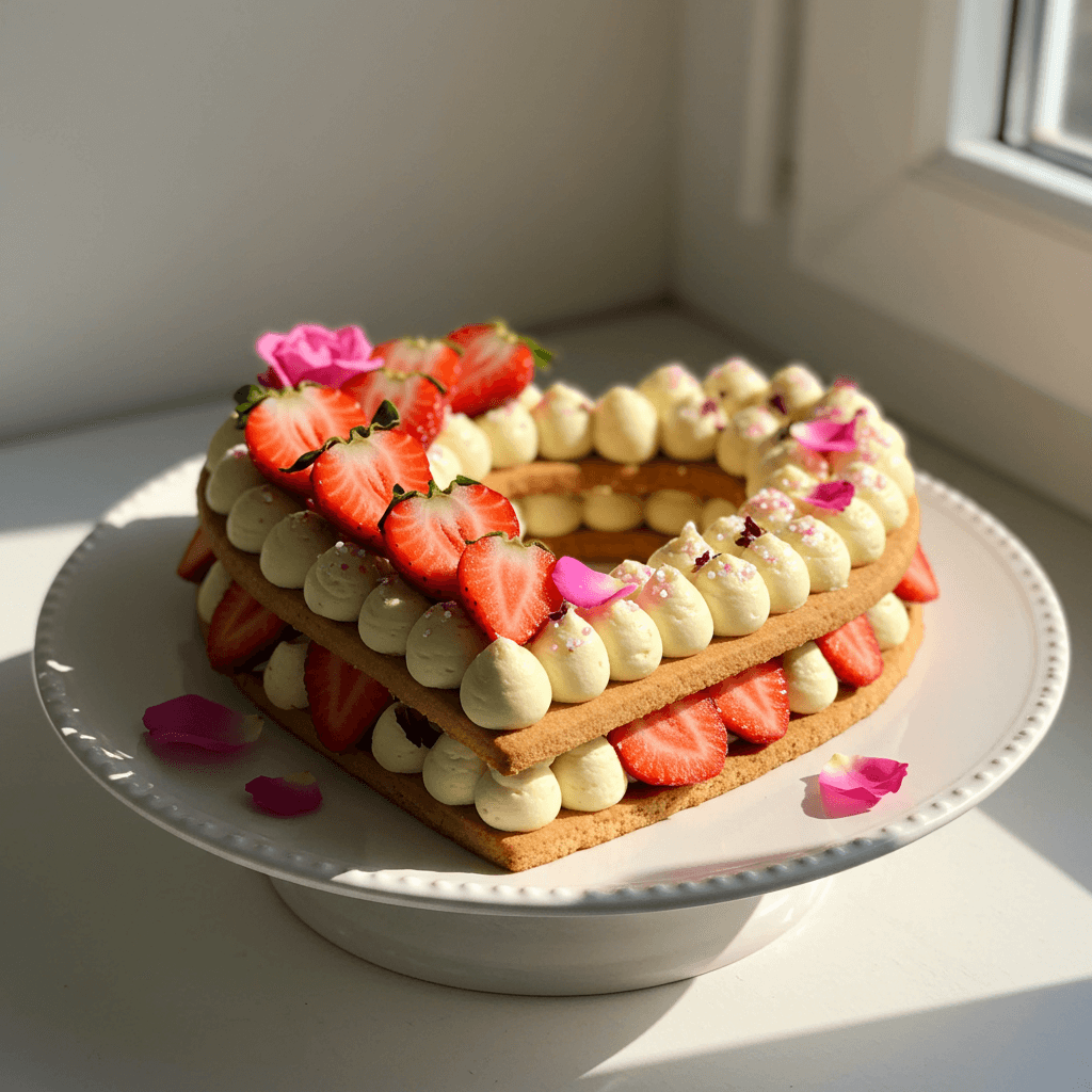 Beautifully decorated heart-shaped cake with pink frosting, white piping details, and fresh red rose accents.